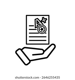 education icon. Live Grade and Report Card in hand. A plus grade sheet with a stamp icon. smart, learning, clever. Outline design style