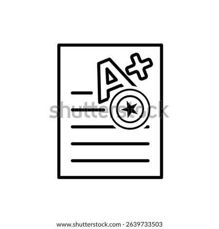 education icon. Live Grade and Report Card. A plus grade sheet with a stamp icon. smart, learning, clever. Outline design style