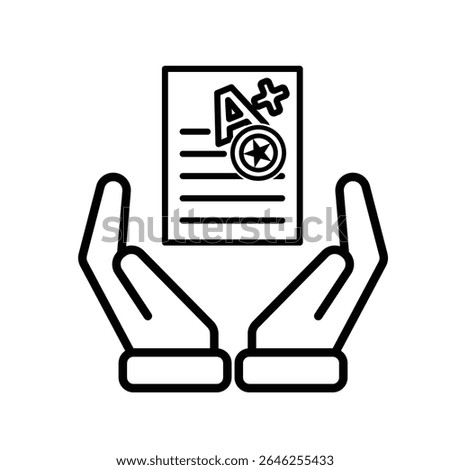 education icon. Live Grade and Report Card in hand. A plus grade sheet with a stamp icon. smart, learning, clever. Outline design style