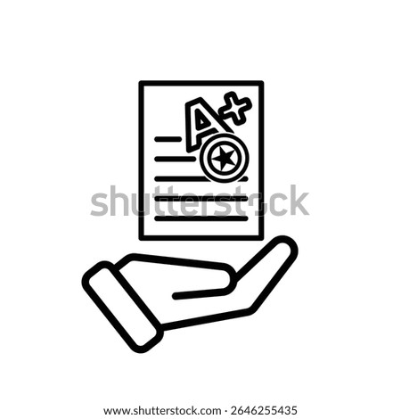 education icon. Live Grade and Report Card in hand. A plus grade sheet with a stamp icon. smart, learning, clever. Outline design style