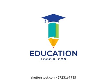Ícone de educação logotipo design vetor modelo, lápis e tampa de graduação