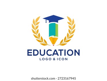 ícone da educação logotipo design vetor, lápis com tampa de graduação e símbolo de trigo.
