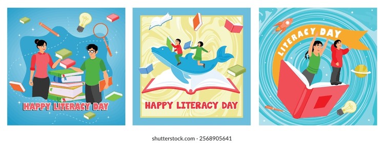 Education icon on the background.Boy and girl reading story books. Reading books becomes an adventure of fantasy and imagination. Happy Literacy Day concept. Set flat vector illustration.