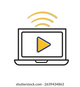 education icon. Online Learning or E-Learning. Open laptop with play symbol on screen and signal. smart, learning, clever. Mixed design style