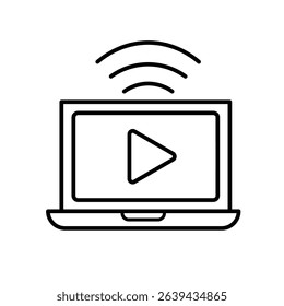 education icon. Online Learning or E-Learning. Open laptop with play symbol on screen and signal. smart, learning, clever. Outline design style