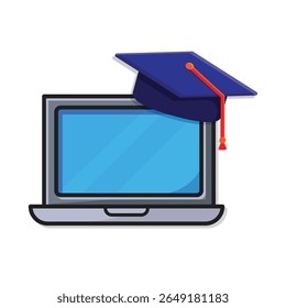 education icon. online learning. graduation cap on laptop. smart, study, clever. isometric design style