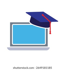education icon. online learning. graduation cap on laptop. smart, study, clever. flat design style