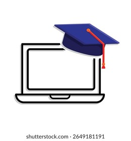 education icon. online learning. graduation cap on laptop. smart, study, clever. mixed design style