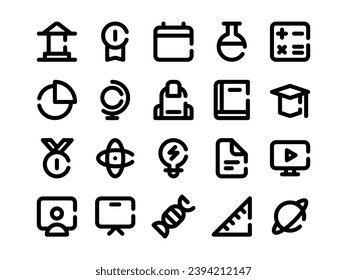 Estilo de línea rota del paquete de iconos de educación. Equipo escolar, Colección de iconos de conocimiento, Perfecto para sitios web, páginas de aterrizaje, aplicaciones móviles y presentaciones. Adecuado para UI UX.
