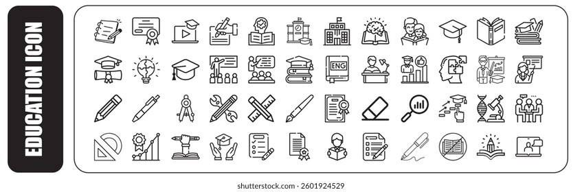 Education icon and education icon pack. E-learning, study, pencil, pen, school, university, graduation and online education. Education icons for web and mobile app.