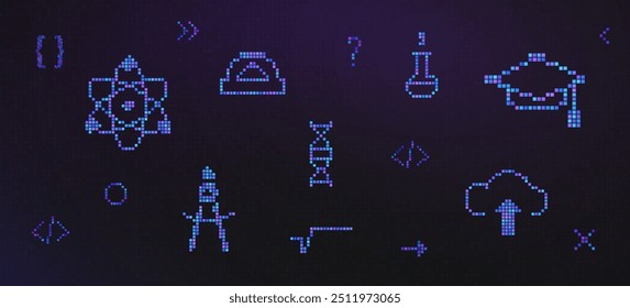 Ícone de educação em estilo digital pixel - conceito para CTEM e escola online. Elemento para ciência, tecnologia, engenharia e matemática em um estilo pixel art. Símbolos para plataformas digitais de aprendizagem