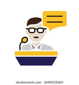 education icon. public speaking. student is speaking on the podium. smart, learning, clever. Flat design style