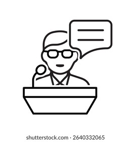 education icon. public speaking. student is speaking on the podium. smart, learning, clever. Outline design style
