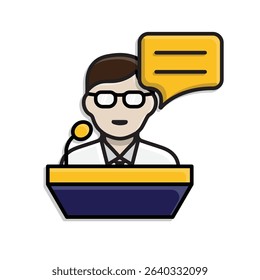 education icon. public speaking. student is speaking on the podium. smart, learning, clever. isometric design style