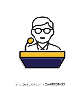 education icon. public speaking. student is speaking on the podium. smart, learning, clever. Mixed design style