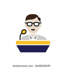 education icon. public speaking. student is speaking on the podium. smart, learning, clever. Flat design style