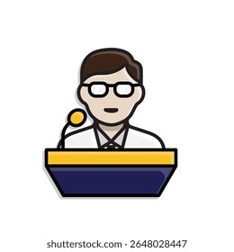 education icon. public speaking. student is speaking on the podium. smart, learning, clever. isometric design style