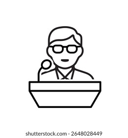education icon. public speaking. student is speaking on the podium. smart, learning, clever. Outline design style