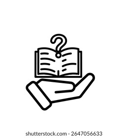 education icon. question or issue in hand. book or paper question mark. smart, learn, clever. Outline design style