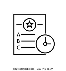 education icon. Quiz. Question sheet with choices A, B, C, D and a small clock icon. smart, learning, clever. Outline design style