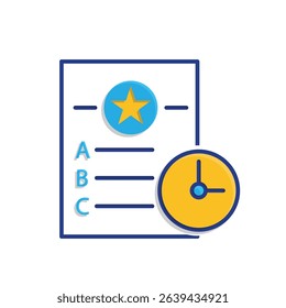 education icon. Quiz. Question sheet with choices A, B, C, D and a small clock icon. smart, learning, clever. Mixed design style