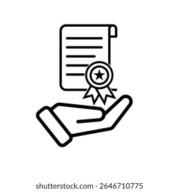 education icon. scholarship in hand. slightly rolled paper with award certificate or ribbon. smart, study, clever. Outline design style