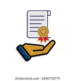 education icon. scholarship in hand. slightly rolled paper with award certificate or ribbon. smart, study, clever. isometric design style