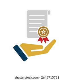 education icon. scholarship in hand. slightly rolled paper with award certificate or ribbon. smart, study, clever. Flat design style