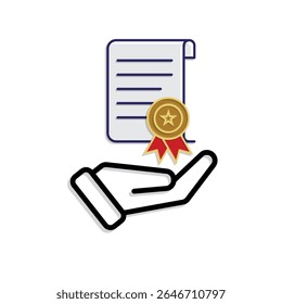 education icon. scholarship in hand. slightly rolled paper with award certificate or ribbon. smart, study, clever. Mixed design style