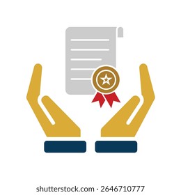 education icon. scholarship in two hand. slightly rolled paper with award certificate or ribbon. smart, study, clever. Flat design style