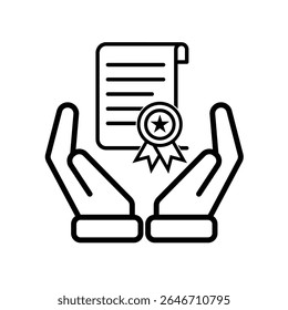 education icon. scholarship in two hand. slightly rolled paper with award certificate or ribbon. smart, study, clever. Outline design style