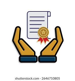 education icon. scholarship in two hand. slightly rolled paper with award certificate or ribbon. smart, study, clever. isometric design style