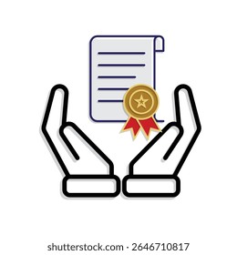 education icon. scholarship in two hand. slightly rolled paper with award certificate or ribbon. smart, study, clever. Mixed design style