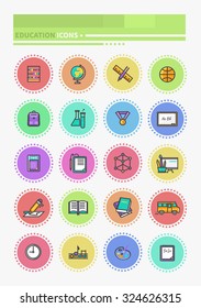 Education icon, school, learning, student, teacher, education concept, book, graduation. Set of thin lines, outline icons education back to school. Items for study ruler pencil bus, backpack globe