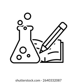 education icon. science experiment. beaker with liquid inside and book. smart, learning, clever. Outline design style