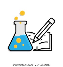 education icon. science experiment. beaker with liquid inside and book. smart, learning, clever. Mixed design style