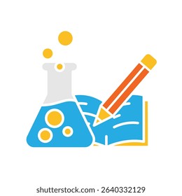 education icon. science experiment. beaker with liquid inside and book. smart, learning, clever. Flat design style