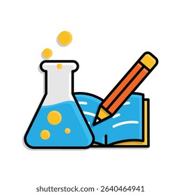 education icon. science experiment. beaker with liquid inside and book. smart, learning, clever. isometric design style