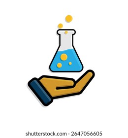 education icon. science experiment in hand. beaker with liquid inside and book. smart, learning, clever. isometric design style
