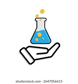 education icon. science experiment in hand. beaker with liquid. smart, learning, clever. Mixed design style