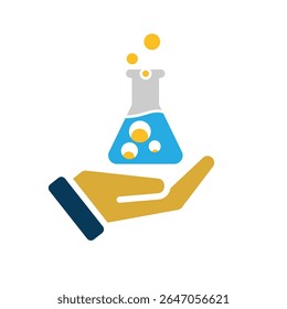 education icon. science experiment in hand. beaker with liquid. smart, learning, clever. Flat design style