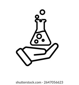 education icon. science experiment in hand. beaker with liquid. smart, learning, clever. Outline design style