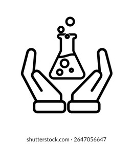 education icon. science experiment in two hand. beaker with liquid. smart, learning, clever. Outline design style