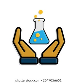 education icon. science experiment in two hand. beaker with liquid. smart, learning, clever. isometric design style