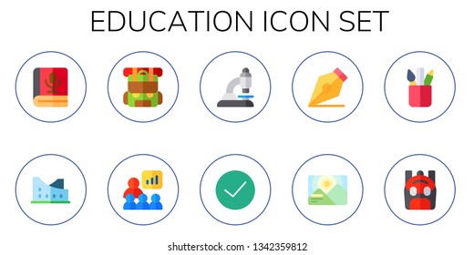 education icon set. 10 flat education icons.  Collection Of - book, museum, backpack, presentation, microscope, success, pen, background, pencil case