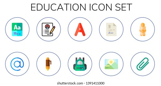 education icon set. 10 flat education icons.  Collection Of - vocabulary, at, resume, pen, backpack, background, venus, attachment