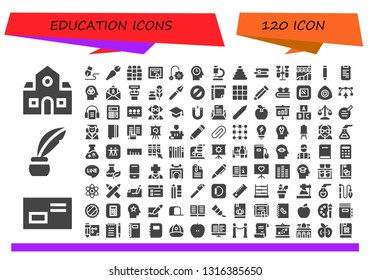 education icon set. 120 filled education icons.  Collection Of - School, Letter, Inkwell, Signature, Pen, Crayons, Diploma, Toy, Mind, Microscope, Books, Chemistry, Analytics