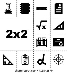 Education icon. set of 13 filled education icons such as triangle ruler, resume, test tube, medical clipboard, dna, notebook, diploma, ruler, square root, blackboard, triangle