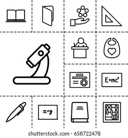 Education icon. set of 13 outline educationicons such as baby bid, microscope, pen, book, teacher, ruler, abacus, blackboard x+y, diploma, atom in hand