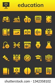 education icon set. 26 filled education icons.  Collection Of - Presentation, Bookshelf, Apple, Signature, Book, Dissection, Analytics, Vector, Toy, Magnet, Ruler, Pen, Flask